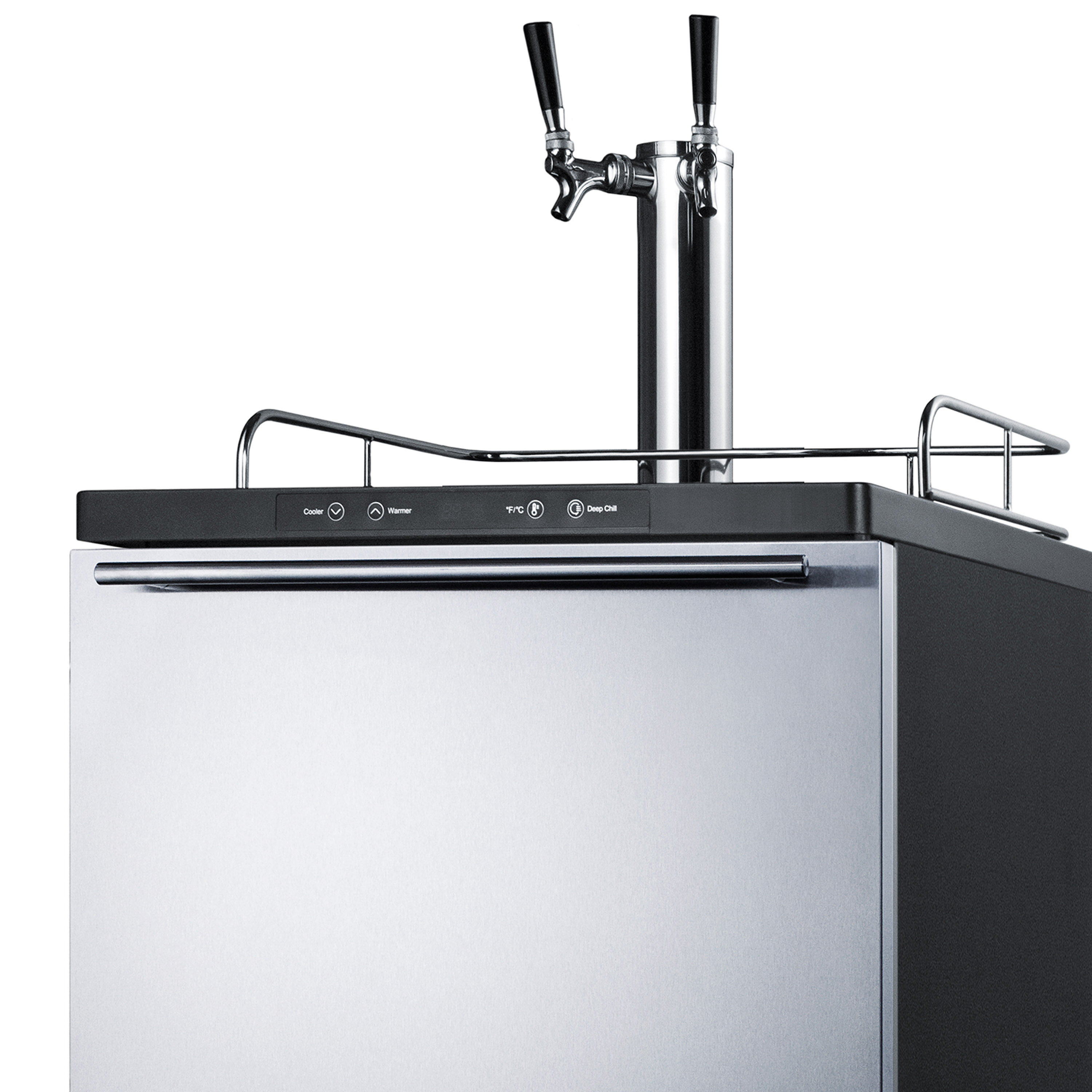 Freestanding dual tap residential beer dispenser, auto defrost w/digital thermostat, SS wrapped door, horizontal handle, and black cabinet
